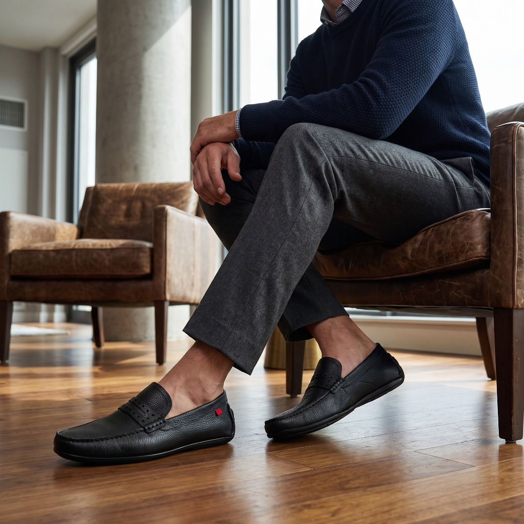 A man sits in a brown leather armchair in a modern room, wearing black leather penny loafers, dark gray trousers, and a navy blue knit sweater.
